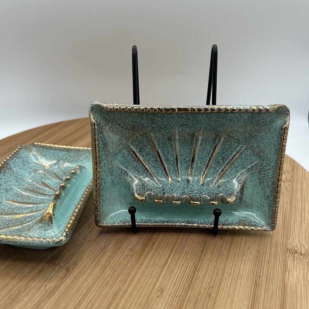 Pair Ashtrays Blue/Gold  Mid Century Modern Ceramic Glazed Retro Made In USA MCM - Picture 2 of 6
